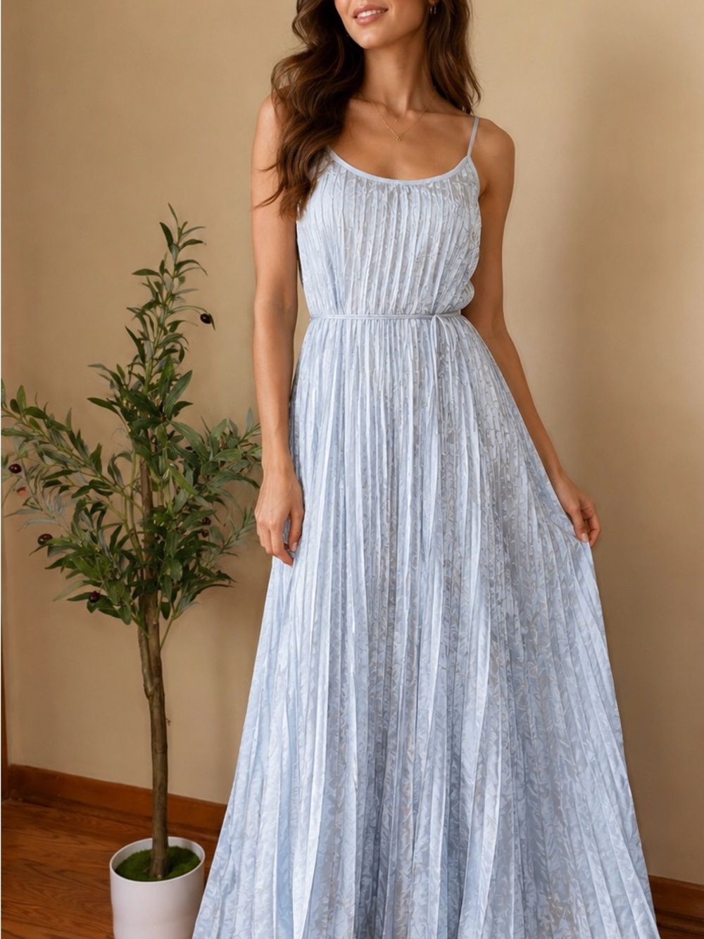 527. Magnolia Boutique Light Blue Pleated Maxi Dress with Spaghetti Straps